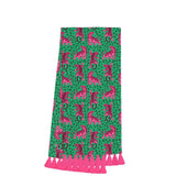 Swig Easy Tiger cotton tea towel with pink tigers, green print, and pink tassel fringe.