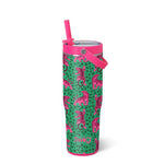 Swig Easy Tiger 30oz tumbler with pink tiger print, straw lid, and carry handle.