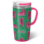 Swig Easy Tiger 22oz travel mug with pink tiger print and green leopard background.
