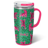 Swig Easy Tiger 22oz travel mug with pink tiger print and green leopard background.