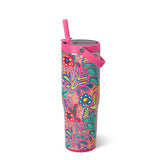 Pink floral 30oz insulated tumbler with leakproof lid, straw, and carry handle.