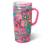 Pink floral 22oz insulated travel mug with handle and lid.
