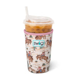 Western cowgirl printed iced cup coolie with hand strap insulated neoprene drink holder ivory background