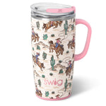 Western cowgirl illustrated 22oz insulated travel mug with handle and glitter ivory background design
