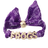 TCU bandana slider bracelet with gold FROGS letter charms and adjustable fabric band.