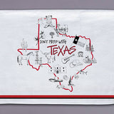 Texas state tea towel with boots, longhorns, flags, and red stripe design
