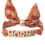 Texas Longhorns bandana slider bracelet with gold HORNS charms and adjustable fabric band.