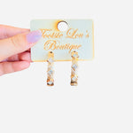 Textured gold hoop earrings with clear rhinestones, 1 3/4 inch size, sparkling and lightweight
