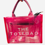 Pink transparent tote bag with adjustable shoulder strap and spacious design.