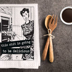 Funny waffle weave towel with “This Shit Is Going To Be Delicious” sublimated cooking-themed design.