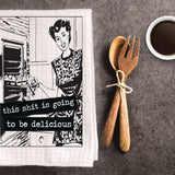Funny waffle weave towel with “This Shit Is Going To Be Delicious” sublimated cooking-themed design.
