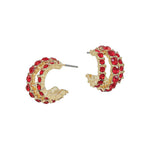 Gold tone mini hoops with three rows of red rhinestones, layered sparkle, lead and cadmium safe.