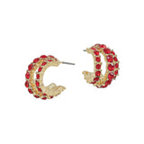 Gold tone mini hoops with three rows of red rhinestones, layered sparkle, lead and cadmium safe.