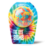 Yellow tie dye bath bomb with red and blue spots and passion fruit scent.