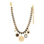 Antique gold necklace with smoky crystals, clear hearts, and statement LOVE charm.