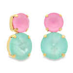 Pink and mint round crystal stud earrings with sparkling stacked design.