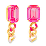 Pink enamel earrings with crystal accents and antique gold finish.