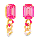 Pink enamel earrings with crystal accents and antique gold finish.