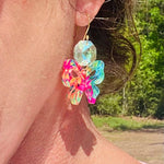 Color pop charm bow dangle earrings with iridescent crystal bead and tropical acrylic bow.