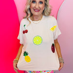 Tropical fruit sequin patch top in soft fabric with colorful sparkle and relaxed comfortable fit