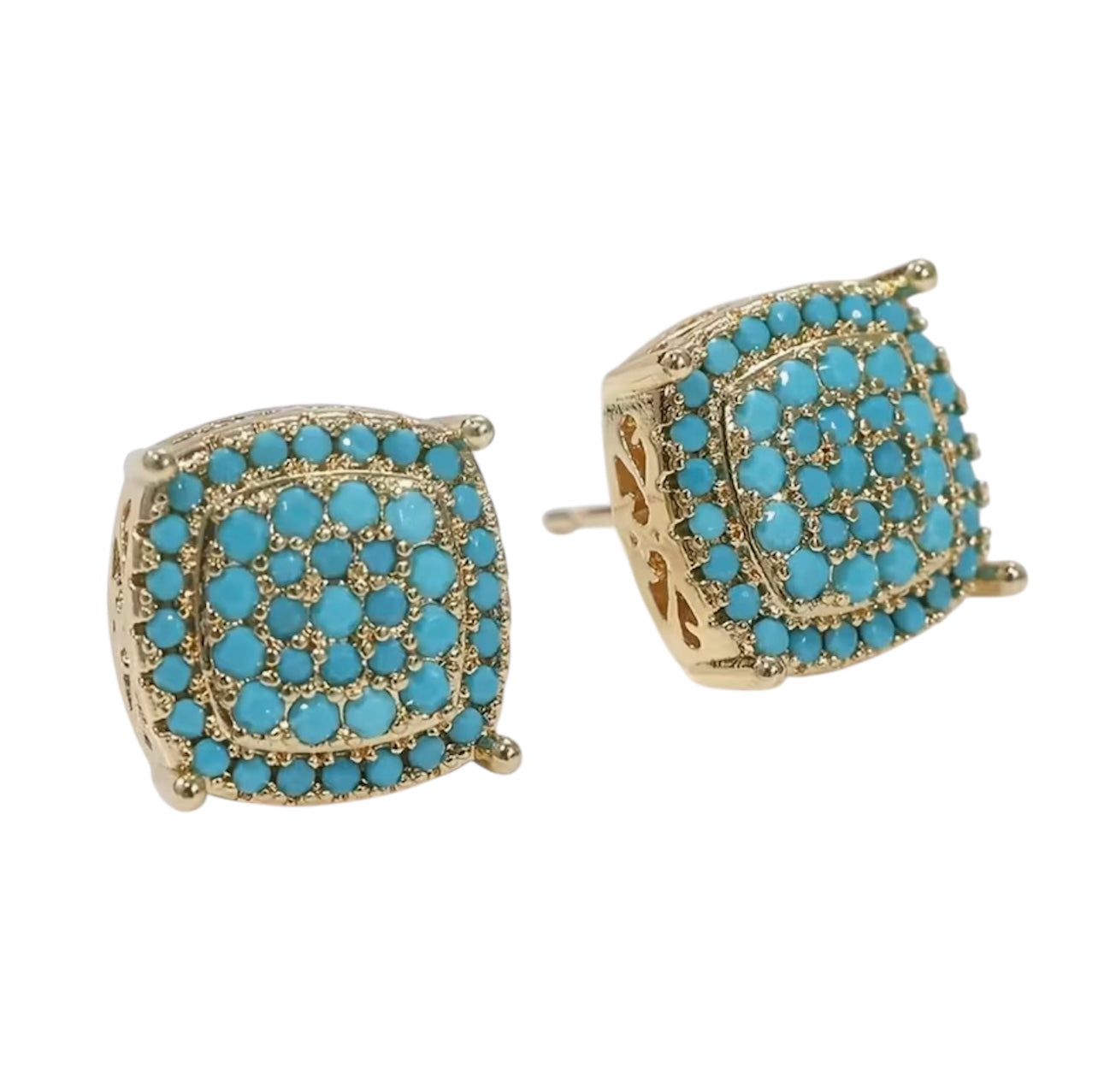 Square turquoise inlay stud earrings set in gold with a polished, timeless design.