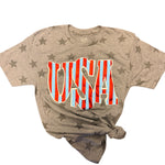 U.S.A. Tee with bold "USA" graphic, red and glittery light blue stripes, and subtle star details on a gray base.