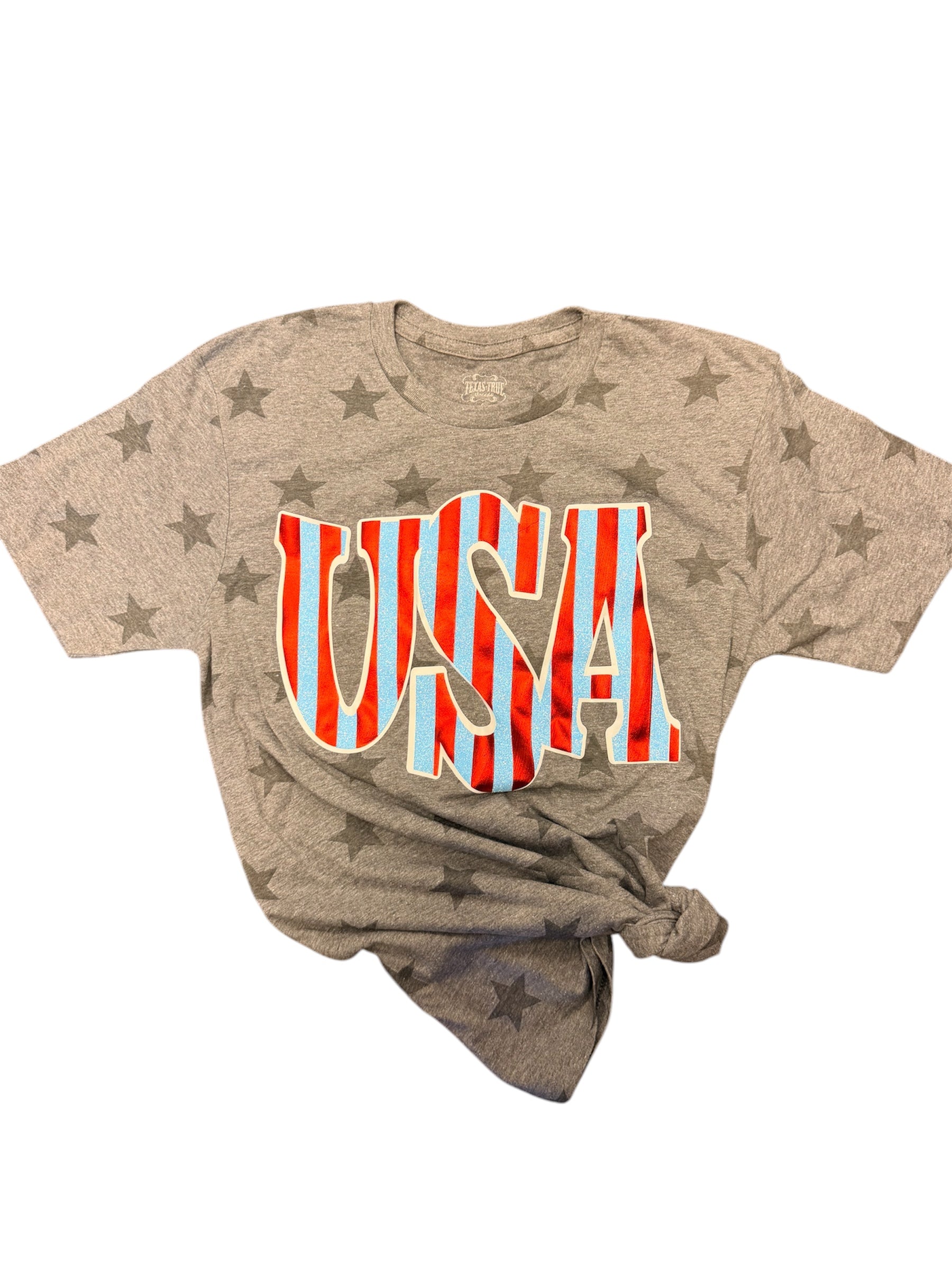 U.S.A. Tee with bold "USA" graphic, red and glittery light blue stripes, and subtle star details on a gray base.