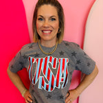 U.S.A. Tee with bold "USA" graphic, red and glittery light blue stripes, and subtle star details on a gray base.