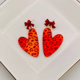 Valentine red heart earrings with bow studs and leopard pattern heart drops