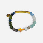 Multicolor natural stone bracelet with olive green, blue, aqua beads and gold-tone cross.