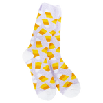 World’s Softest Socks brand lavender crew socks with candy corn graphics and white heels and toes 