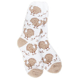 World’s Softest Socks brand white crew socks with small brown turkeys and tan heels and toes