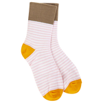 World’s Softest Socks with white and pink horizontal stripe pattern and orange heels and toes and brown trim 