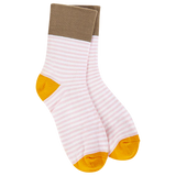 World’s Softest Socks with white and pink horizontal stripe pattern and orange heels and toes and brown trim 
