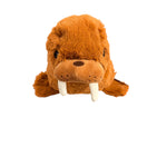 Plush brown walrus Warmies with white tusks and soft weighted design.