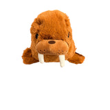 Plush brown walrus Warmies with white tusks and soft weighted design.