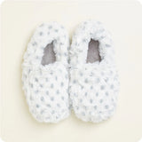 Warmies Snowy microwavable faux fur slippers with memory foam, non-slip soles, and French lavender scent.