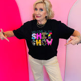 Black graphic tee with neon applique and turquoise embroidery text