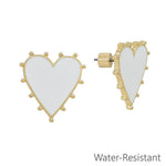 White enamel heart stud earrings with gold accent studs, .75 inch size.