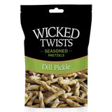 Wicked Twists Dill Pickle crunchy pretzel braids coated in zesty dill pickle seasoning.