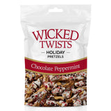 Wicked Twists Holiday Edition chocolate-covered pretzel braids topped with festive peppermint candy.