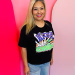 Black Halloween tee with colorful witch candy graphic and relaxed fit