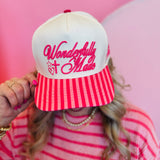 Cream canvas “Wonderfully Made” cap with pink striped bill, raised pink embroidery, and Psalm 139:14 detail.