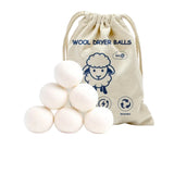 Set of six natural wool dryer balls in reusable canvas drawstring bag.