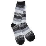 Black and white diamond pattern cozy crew socks with black heel and toe accents soft stretch fit