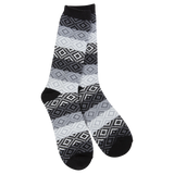 Black and white diamond pattern cozy crew socks with black heel and toe accents soft stretch fit