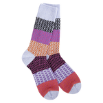 Lavender patchwork cozy crew socks with geometric patterns in purple red orange and soft lavender tones