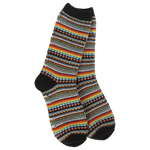 Black cozy crew socks with multicolor boho stripe pattern in brown yellow navy and dark tones