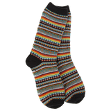 Black cozy crew socks with multicolor boho stripe pattern in brown yellow navy and dark tones