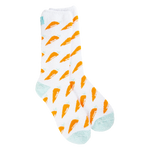 White cozy crew socks with carrot print and blue heel and toe accents spring design